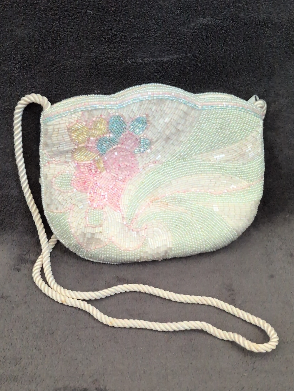 Vintage Beaded Pastel Floral Crossbody Bag - White/Pink/Blue